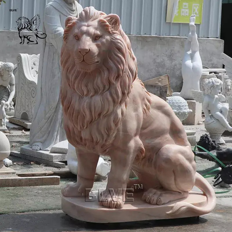 Buy cheap Sunset Red Marble Life Size Lion Statues Natural Stone Carving Garden Lions Sculpture Large Outdoor Entrance product