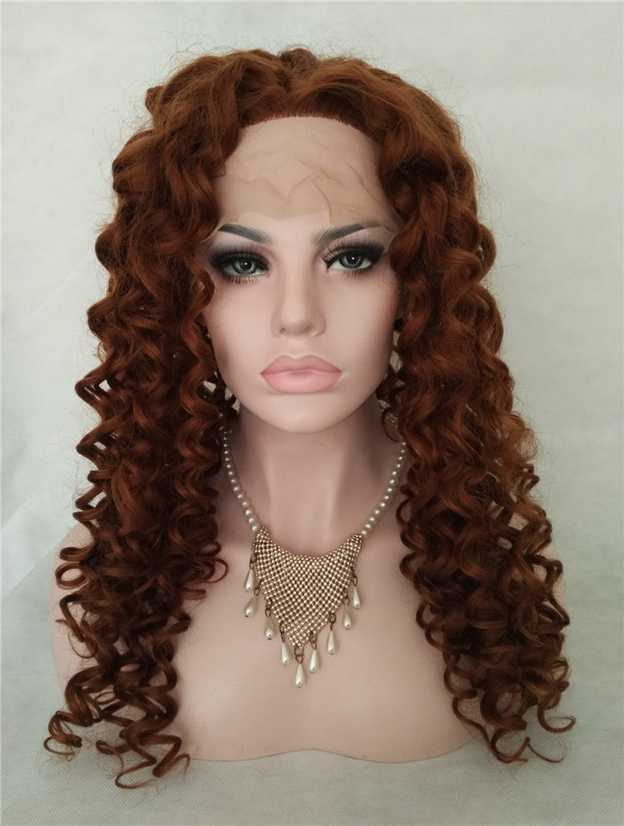 China 150% Density Beautiful Red Brown Long Curly Lace Front Wig Synthetic Hair 22 Inches on sale