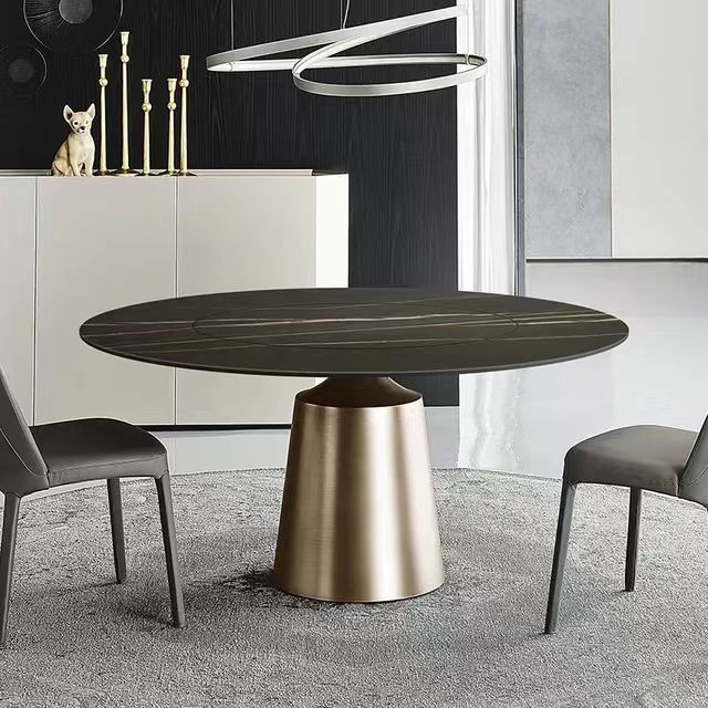 China Luxurious Round Marble Metal Dining Table Ceramic Top Brushed Stainless Steel on sale