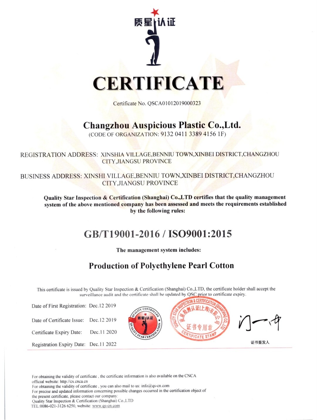 Changzhou Auspicious Plastic Co., Ltd. Certifications