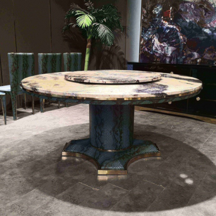 China Round Marble Top Dining Table Luxury Durable Frame Leather Cover With Lazy Susan on sale