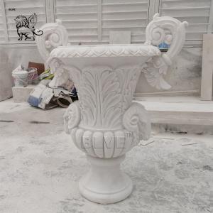 Buy cheap Large White Marble Flowerpot Natural Stone Flower Urns Relief Handcarved Garden Decoration product