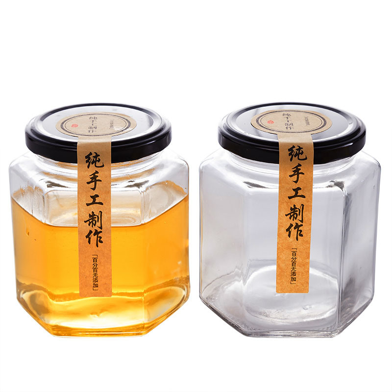 China 280ml Clear Hexagonal Shape Glass Jam Jar With Screw Top Lid Machine Made on sale