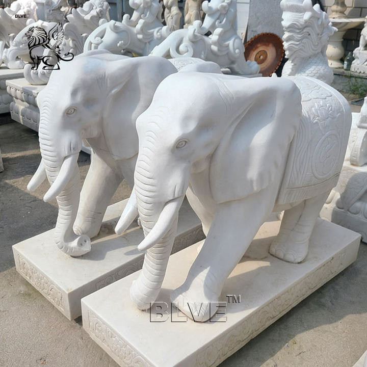 Buy cheap BLVE Marble Garden Elephant Statue White Natural Stone Carving Feng Shui Animal Sculpture Life-size product
