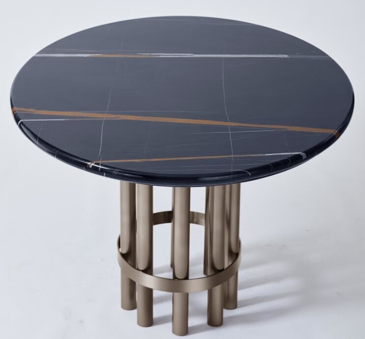 China Port Laurent Marble Top Wooden Dining Room Tables With Dark Bronze Finish Metal Base on sale