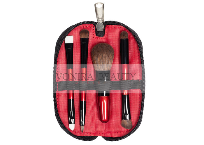 China Wine Red Handle Color Mini Travel Makeup Brush Set With Synthetic Hair on sale