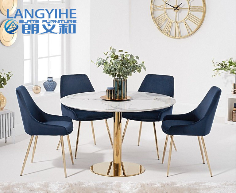 China Iso 9001 120cm Round Marble Effect Dining Table With Fern Velvet Chairs Blue on sale