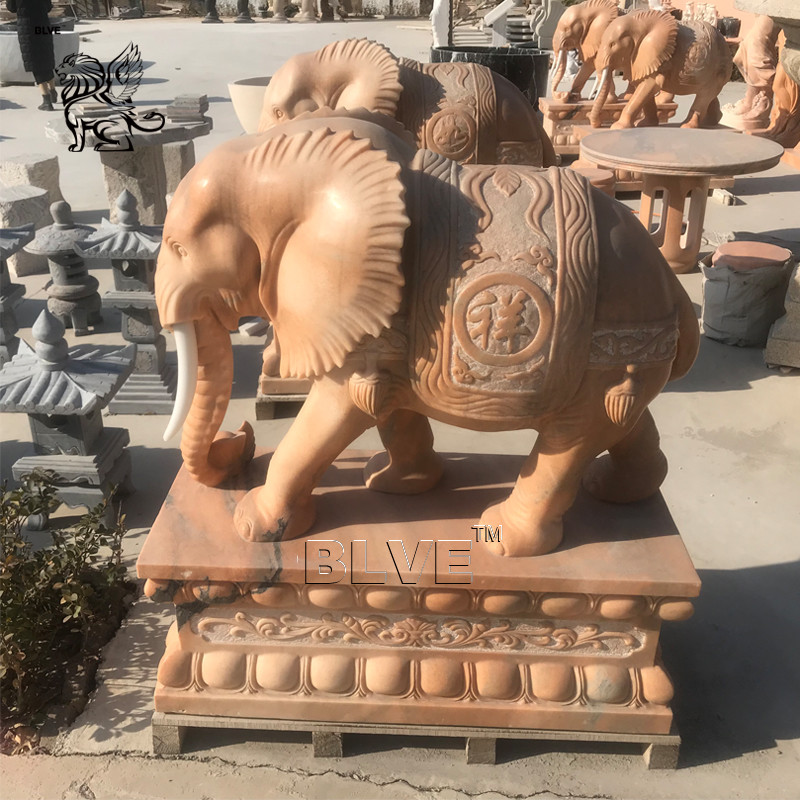 Buy cheap BLVE Natural Stone Marble Life Size Elephant Statue Sunset Red Chinese Fengshui Animal Sculpture Garden Decoration product
