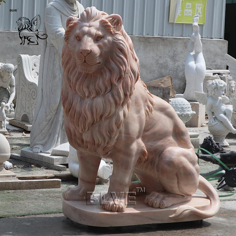 Buy cheap Red Marble Entrance Lion Statues Life Size Animal Sculpture Stone Carving Large Garden Outdoor Decoration product