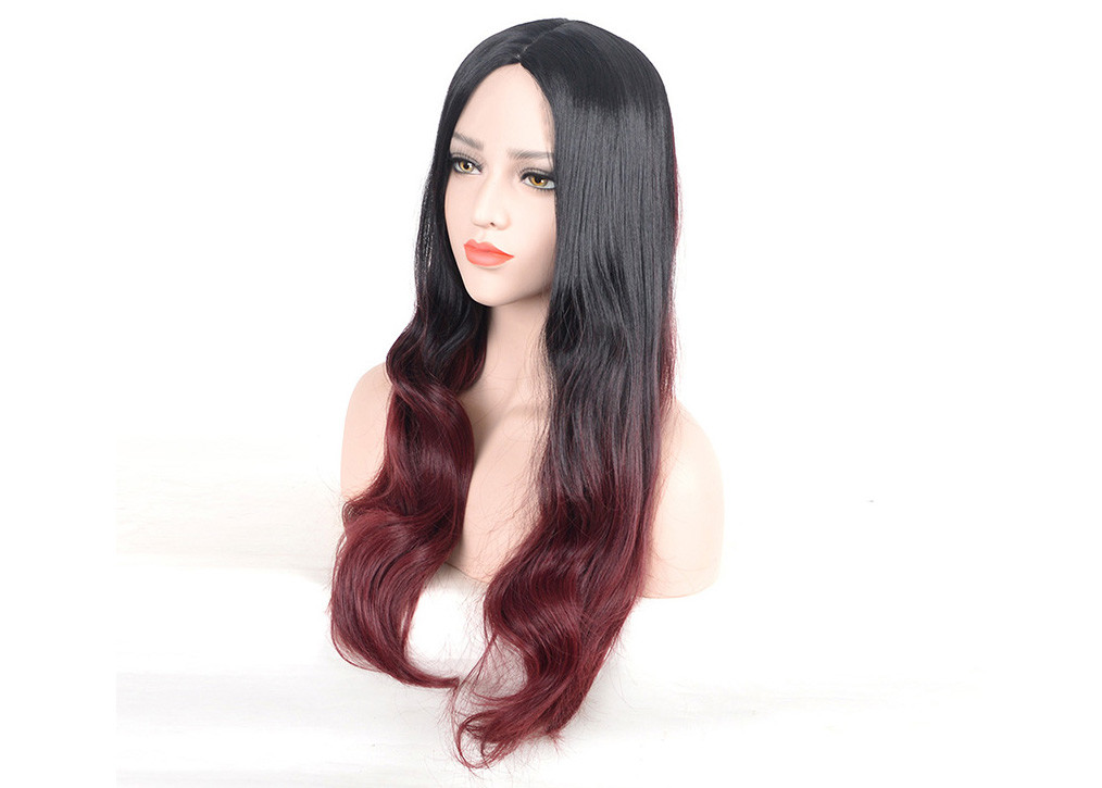China Black To Wine Red Colored Synthetic Wigs Long Natural Wavy Smooth Feeling on sale