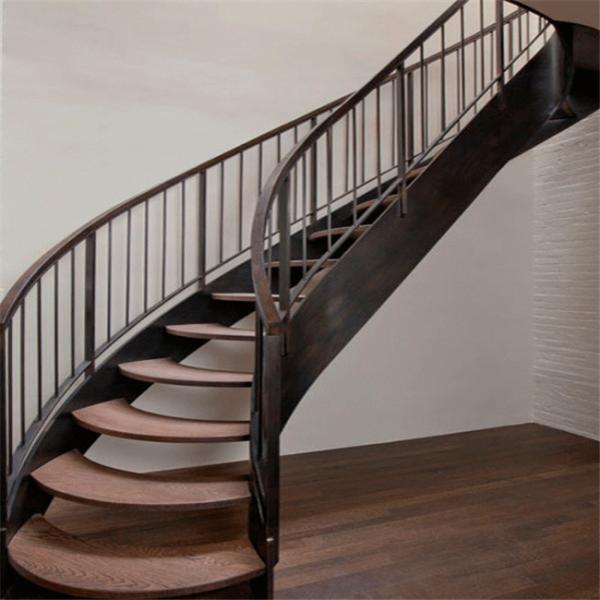 Interior Wrought Iron Curved Wooden Staircase , Floating Wood Stairs Customize Size