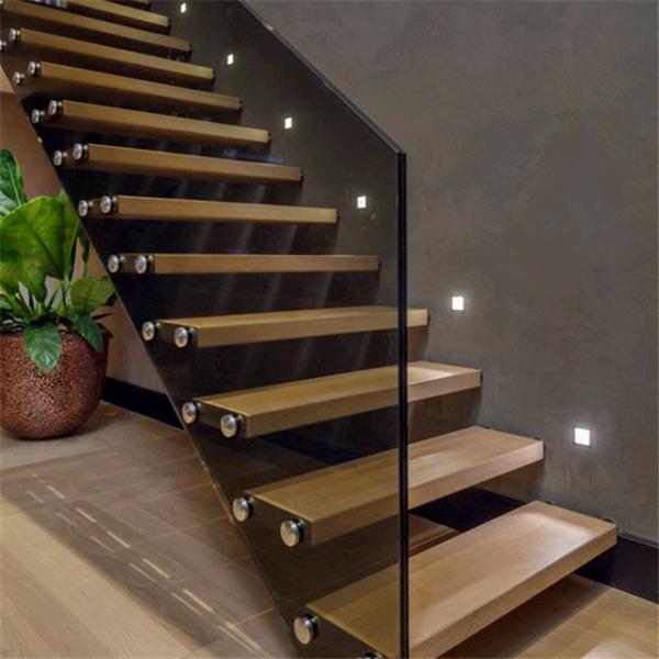 Wooden Tread Railing Building Floating Stairs , Floating Glass Staircase With Top Handrail
