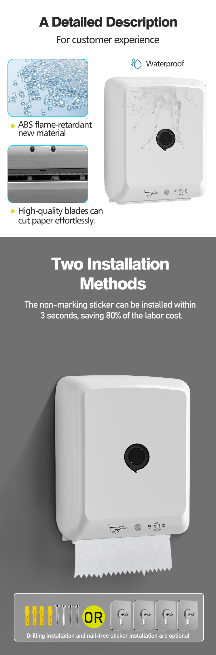 Plastic Intelligent Induction Tissue Dispenser Lockable Hand Paper Dispenser Wall Mounted