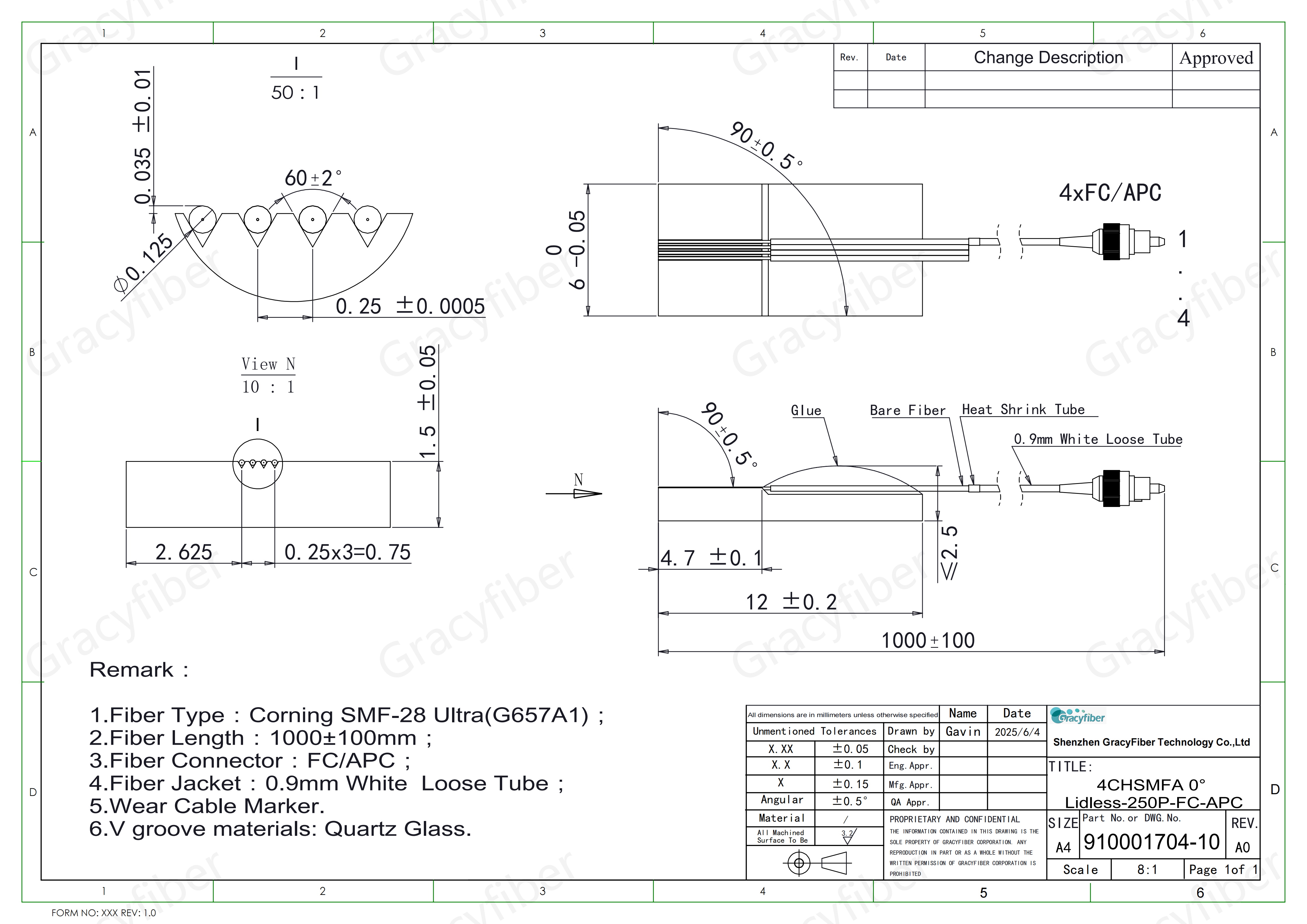 4CH Fiber Array Assemblies | Custom 4-Channel Single Mode Fiber Arrays