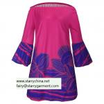 plus size rose printed ladies' short dress with off-shoulder bold color for