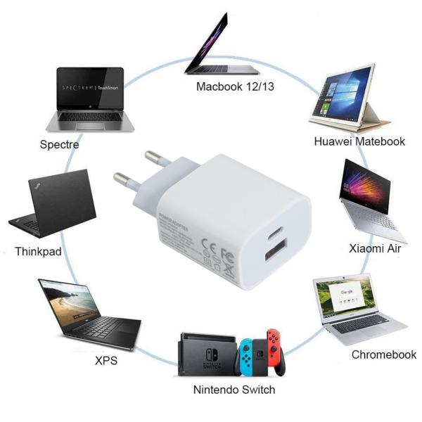 EU 2-Pin 20W Dual USB-C and USB-A Wall Charger