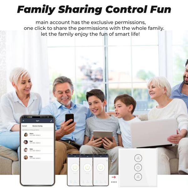 Glomarket Tuya Smart Wifi Fan Switch US Standard Touch Wall Glass Panel