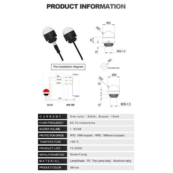 DC24V LED Indicator Lamp with IP65 Protection and 3 Color RYG Signal Indicator Light for Industrial Use