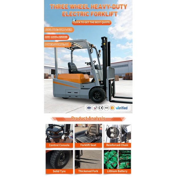 3 Wheel Counterbalance Forklift Machine Compact Sit Down Electric Industrial Materials Handler