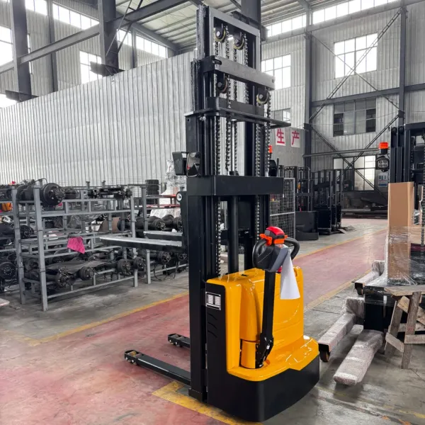 Electric Pallet Stacker with Adjustable Forks 1.5 Ton Load Capacity and DC Motor for Efficient Warehouse Operations