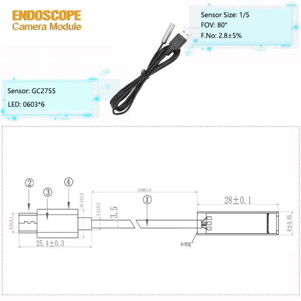 2MP 1080P GC2755 USB2.0 UVC OTG Plug and Play Endoscope Camera Module