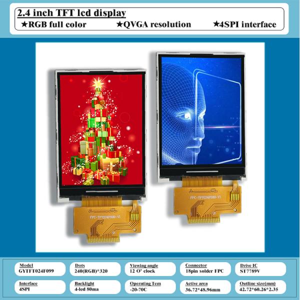 2.4 Inch TFT LCD Display with COG FPC Connector 240x320 Dots RGB Color 262K 18 Pins SPI Interface 320*240 and Performance