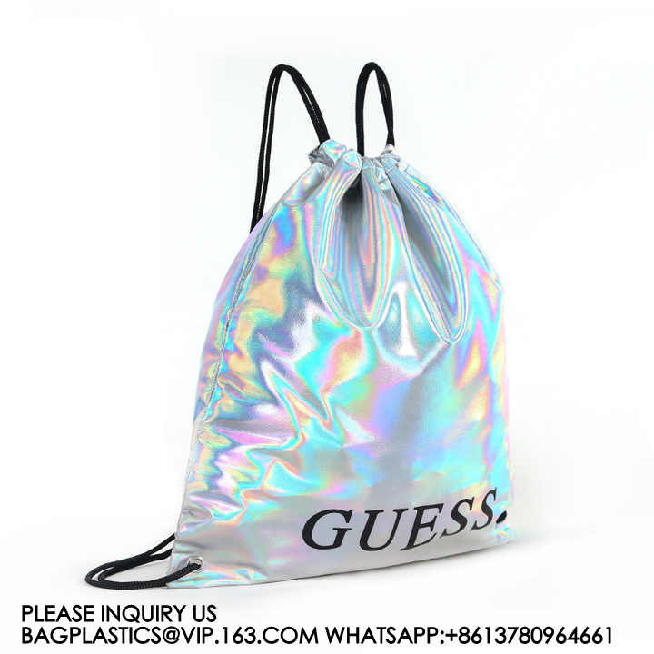 Metallic Backpack, Soft Iridescent PU Drawstring Backpack Silver PU Drawstring