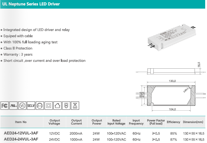 12V 24V UL Listed 24W LED Driver Integrated Relay Control for Bathroom Mirror Lights