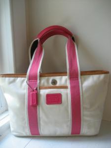 China canvas handbag hight quality Tote White Satin Nylon and Pink Webbing Tote Bag on sale
