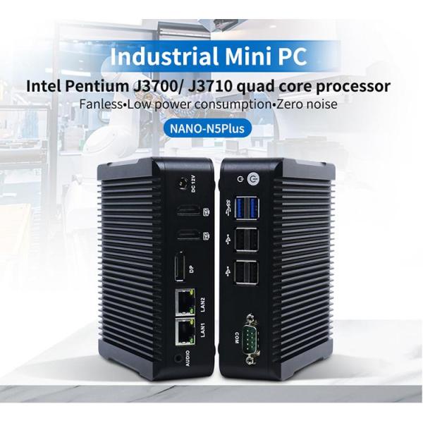 Nano-N5 Plus Industrial Mini PC with Quad Core J3710, Fanless Design, and Compact 134x126x38.5mm Size