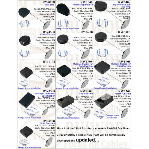 RW5608 Square Heavy Duty Retractable Cable Plus Dia 38mm Circular Sticky Flexible ABS Plate