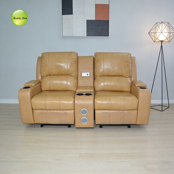 Close-up detail of luxury faux leather recliner set showing material quality and stitching