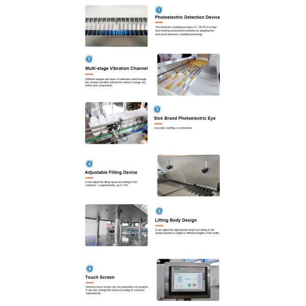 Automatic Tablet Counting Machine with 15,000 Tablets Per Minute, >99.98% Accuracy Rate, and 10~500ml Bottle Compatibility