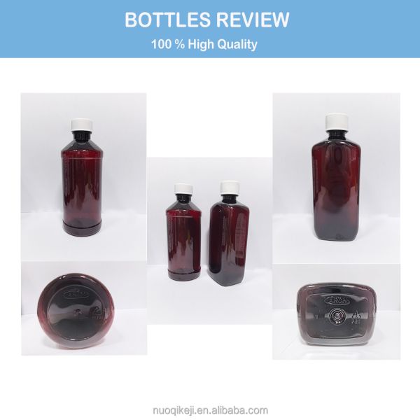 PET Plastic 473ml Amber Cough Syrup Bottle Screw Cap Custom QR Code and Red Writings Pharmaceutical Packaging Bottle