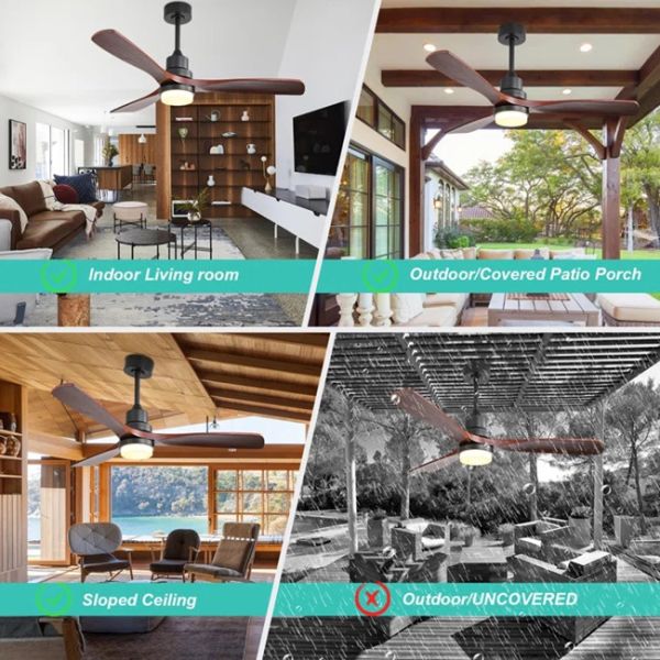 Dimmable 52'' Ceiling Fan With LED Lights Wood Iron Black Decoration