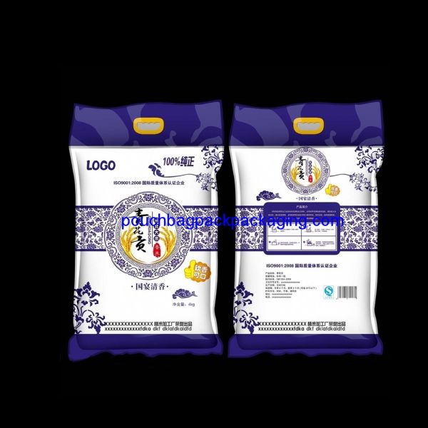 Custom rice bag pack with small handle, high quality plastic bag for packaging 4KG rice