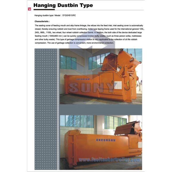 SUNY Mobile Conjoined Refuse Compression Station With 15m3 Hanging Barrel