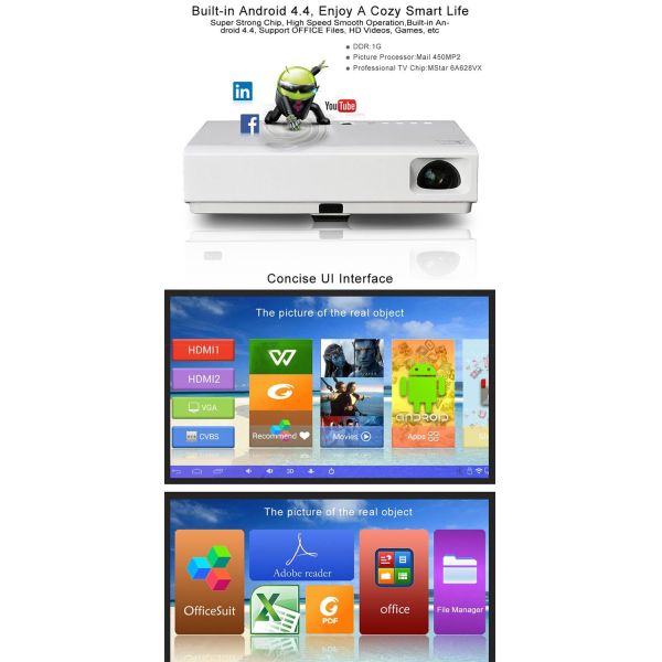 2018 New Design 3800Lumens Smart Android Led Projector 1080P 4K For Home Cinema