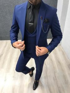 China Navy Blue Custom Mens 3 Piece Tuxedo Suit For Groom'S Wedding on sale