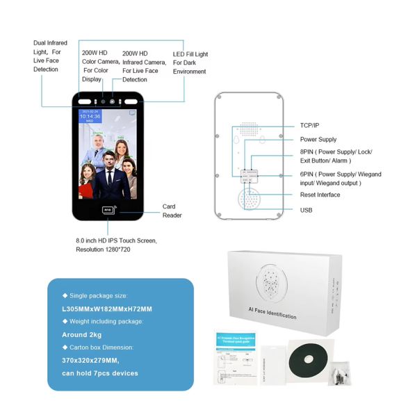 8-Inch WiFi TCP HD IPS Biometric AI Face Recognition Door Access Control System RFID Reader Night Vision Motion Detection