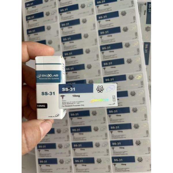 Close-up view of peptide vial label