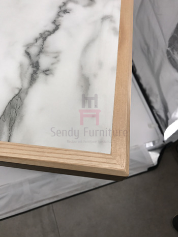 4 Person Buffet Laminate Dining Table White Marble Pattern HPL with Pine Wood Edge