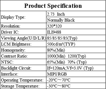 2.73 Inch IPS TFT LCD Touch Display Module 320x320 RGB MIPI For Smart Home