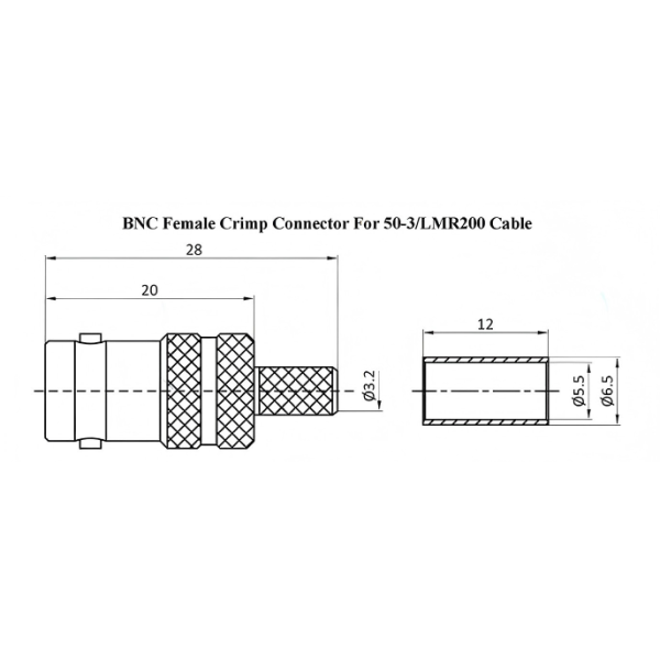 Gold-plated Brass BNC Female Crimp Connector with PTFE Insulator for DC-4GHz RF Coaxial Cable