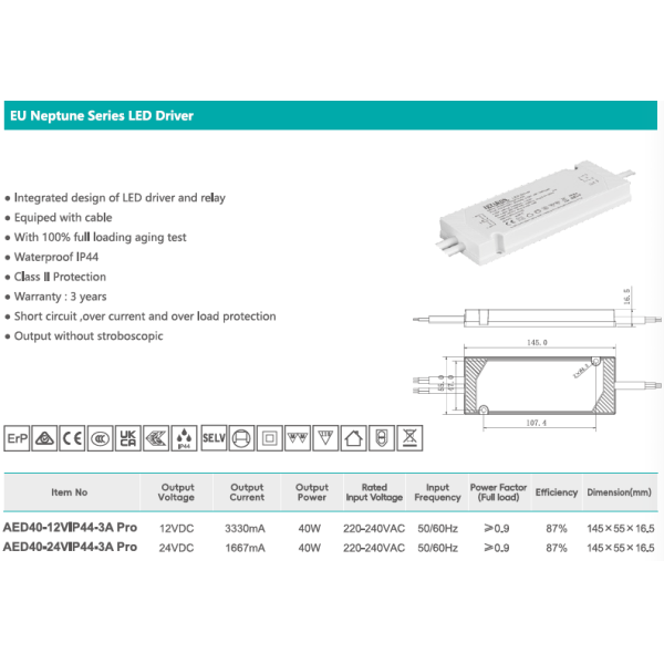 40W 24V Waterproof IP44 LED Driver with Cables for Mirror LED Lighting