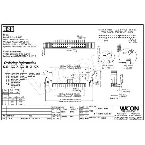 Right Angle PA9T Latch Header Ejector Header 2.0 Pitch Black Color With Gold Flash