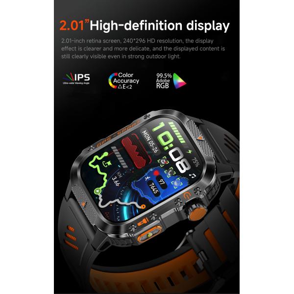 GPS Sports Smartwatch 2.01'' IPS Display Bluetooth Talk Altitude Barometer Compass LED Flashlight