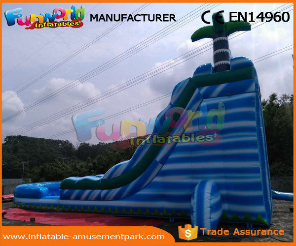 0.55mm PVC Tarpaulin Commercial Inflatable Slide Blue Palm Tree Slide With Pool