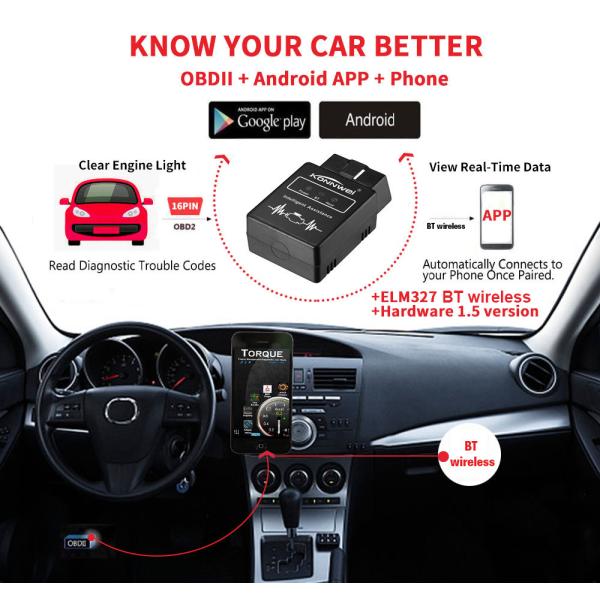 KONNWEI KW912 Universal Bluetooth ELM327 OBD II Code Reader for Android in Black
