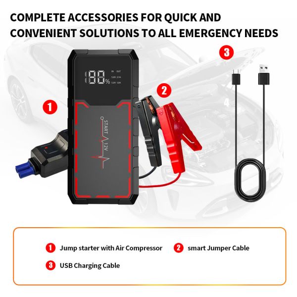 Outdoor 12V Multi Function Portable Car Jump Starter 6800mAh Battery Lithium Battery Booster SmartEmergency Car Jump Starter with Digital Control, LED